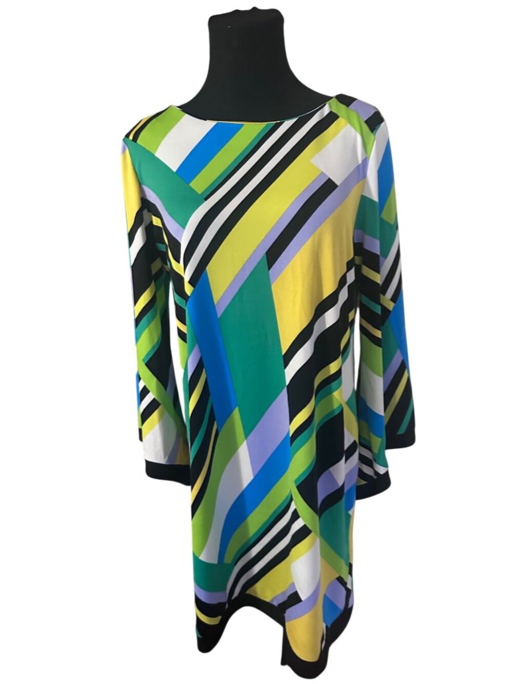Emma & Michele retro green yellow blue dolman sleeve dress size M